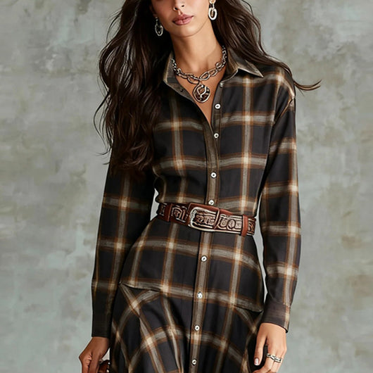 Vestido Camisa Cuadros Retro Chic Manga Larga para Mujer - Image 13