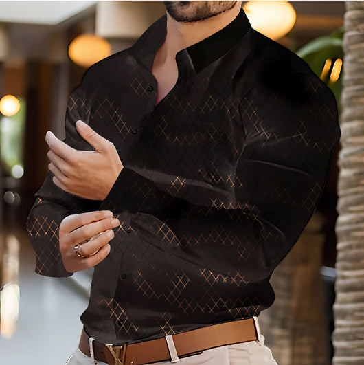 Camisa Casual de Manga Larga para Hombre con Estampado Geométrico en Dorado - Image 2