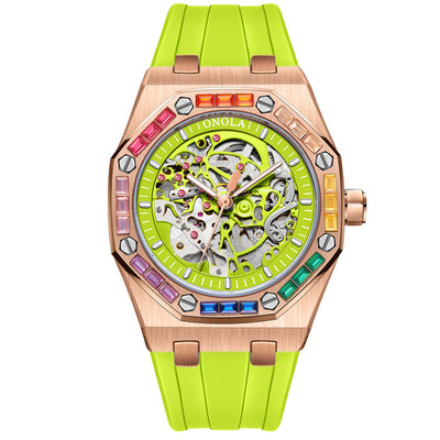Reloj Automático para Hombre con Banda de Silicona Arcoíris y Diamantes - Image 10
