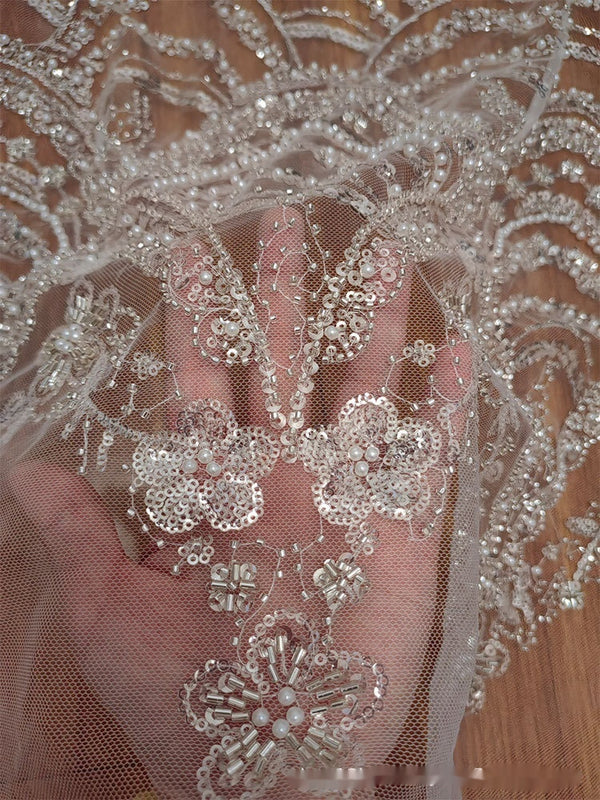 Vestido de Novia con Encaje de Lentejuelas y Perlas Efecto Onda