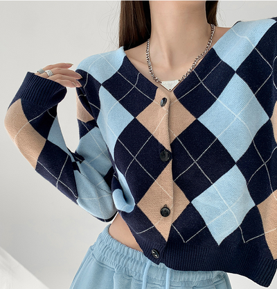 Cardigan Tejido Cuadros Diamante Retro para Mujer - Abrigo Suéter Manga Larga - Image 5