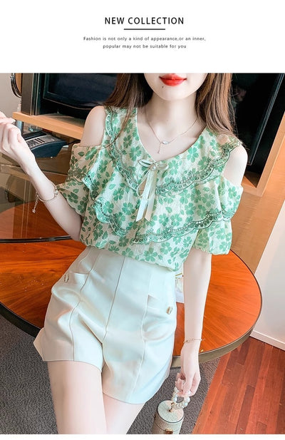 Blusa Chiffon Floral Hombro Descubierto - Camisa Romántica de Manga Corta - Image 13