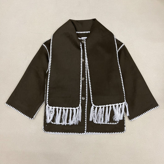 Abrigo de Lana Suelto con Cuello Bufanda de Borlas para Otoño e Invierno - Image 16