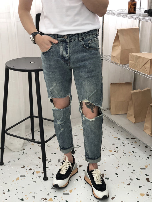 Pantalones Cortos Denim Rotos Estilo Coreano para Hombre