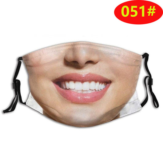 Novelty face mask with a realistic print of a smiling man's lower face and a prominent brown mustache. - Image 26