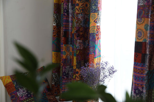 Bohemian retro style cotton linen curtains with a vibrant geometric patchwork pattern, one tied back with a rope. - Image 11
