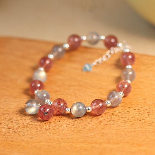 Pulsera de Piedra de Luna Gris Natural con Cristal de Fresa