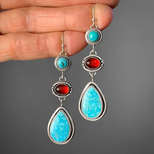 Aretes Turquesa Retro con Granate - Estilo Étnico Femenino - Image 4