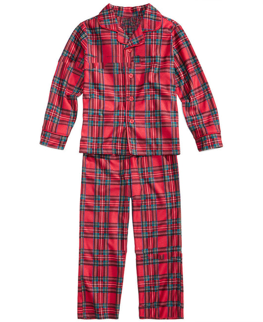 Men's red and green plaid pajama set with a long-sleeved button-up shirt and matching long pants. - Image 12