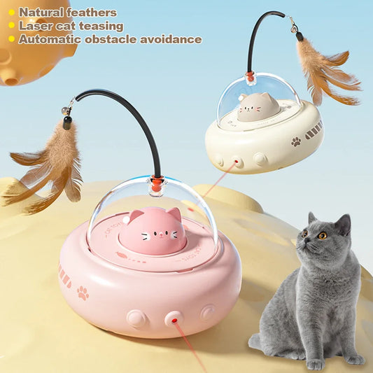 Pink electric UFO cat teaser toy with a clear dome, a cute pink cat head, and a feather wand with a bell.