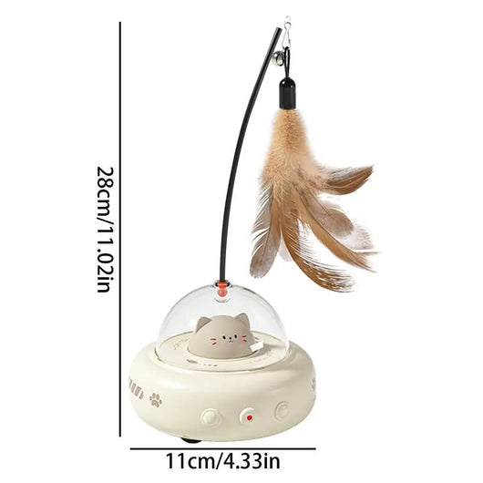 Electric interactive cat toy with a beige base, clear dome, and a cute cat head inside. Features a feather teaser wand with a bell. - Image 3