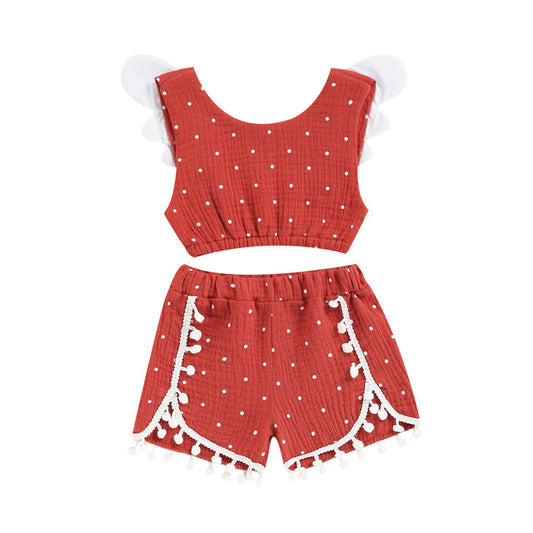 Conjunto de Shorts y Chaleco de Algodón Lino con Lunares para Niñas - Estilo Europeo - Image 2