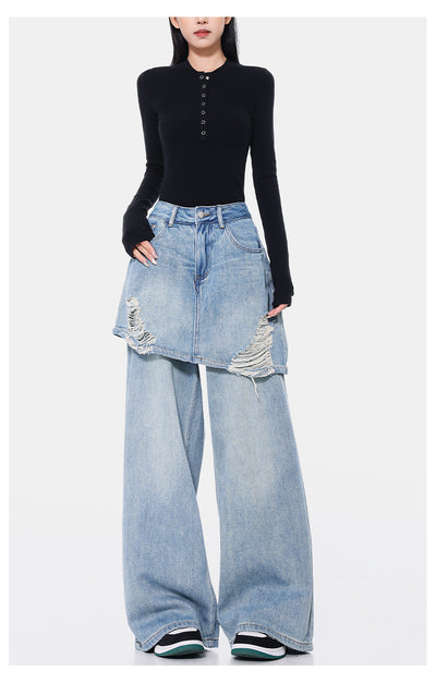 Pantalones Rectos Azul Vintage Efecto Desgastado Doble Tela para Mujer - Image 36