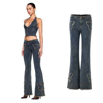 Jeans Slim Fit Retro con Bordado de Mariposas para Mujer