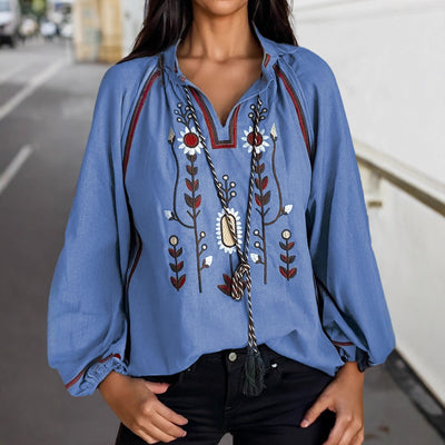 Blusa Casual de Gasa con Cuello Redondo y Bordados para Mujer