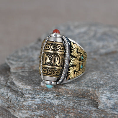 Anillo de Plata 925 Mantra de Seis Caracteres Giratorio con Acabado Dorado