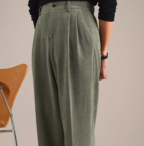 Pantalones Plisados Retro de Cintura Alta en Pana
