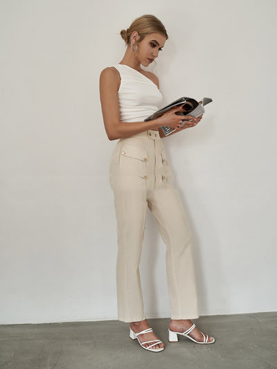 Pantalones Chinoiserie Cintura Alta Marrón Línea Recta sin Cinturón - Image 5