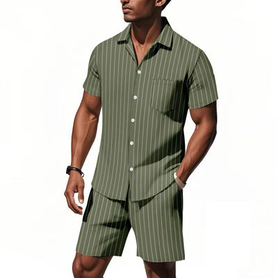 Conjunto de Dos Piezas: Camisa Jacquard a Rayas y Shorts para Playa - Image 6