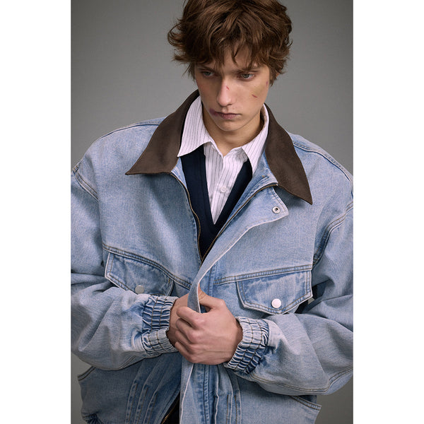 Chaqueta Denim Motociclista Holgada Deslavada para Hombre y Mujer