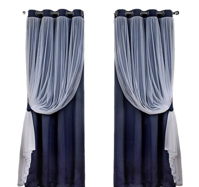 Dark blue double layer shading curtains with white sheer lace overlays, hung on a silver grommet rod. - Image 5