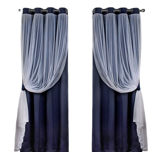 Dark blue double layer shading curtains with white sheer lace overlays, hung on a silver grommet rod. - Image 5