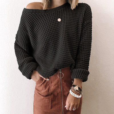 Suéter Tejido Suelto con Cuello Sesgado para Mujer - Otoño e Invierno - Image 8