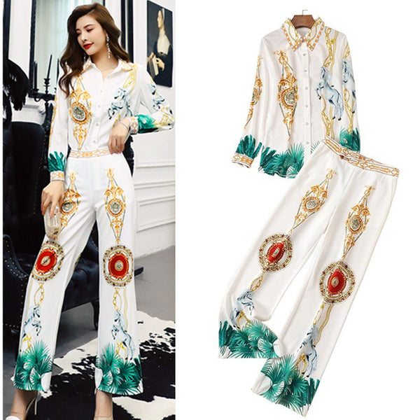 Conjunto de Moda Casual: Blusa Estampada Manga Larga y Pantalón Ancho Cintura Alta