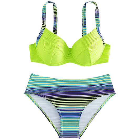 Neon green ribbed halter bikini top with striped straps and matching striped high-waisted bikini bottoms. - Image 2
