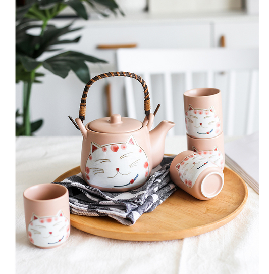 Juego de Té de Cerámica Gato de la Suerte Pintado a Mano - Tetera y 4 Tazas Negro