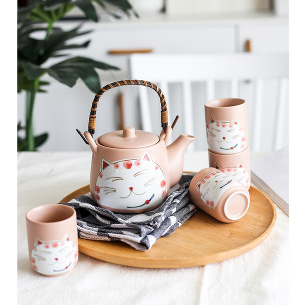 Juego de Té de Cerámica Gato de la Suerte Pintado a Mano - Tetera y 4 Tazas Negro