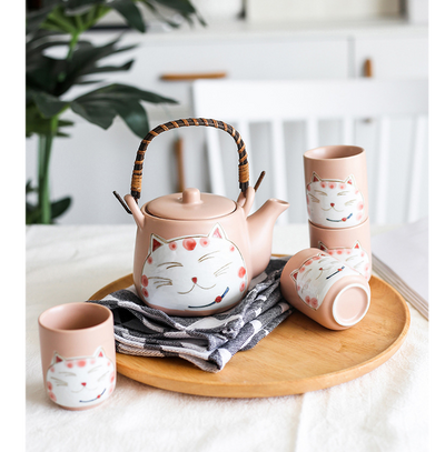 Juego de Té de Cerámica Gato de la Suerte Pintado a Mano - Tetera y 4 Tazas Negro
