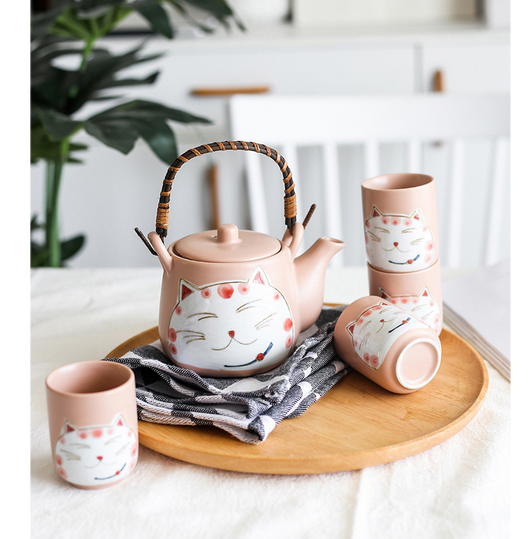 Juego de Té de Cerámica Gato de la Suerte Pintado a Mano - Tetera y 4 Tazas Negro