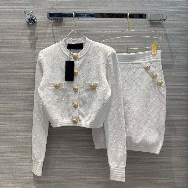 Chaqueta Corta Tejida con Hombreras y Botones a Presión - Patrón Cuadros Diamante