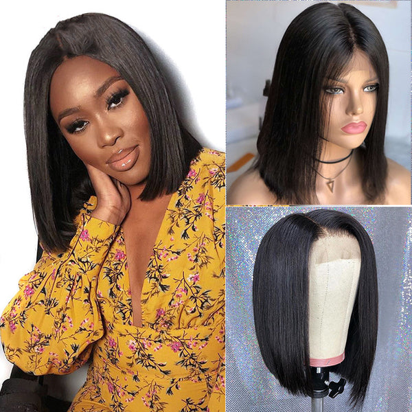 Peluca Frontal de Encaje Cabello Liso Negro Corto
