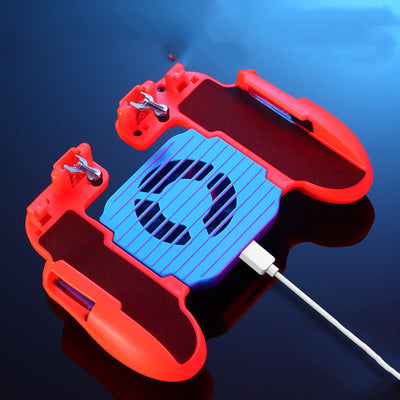 Red and blue smartphone game controller grip with integrated cooling fan and metal trigger buttons, connected to a white USB cable. - Image 16