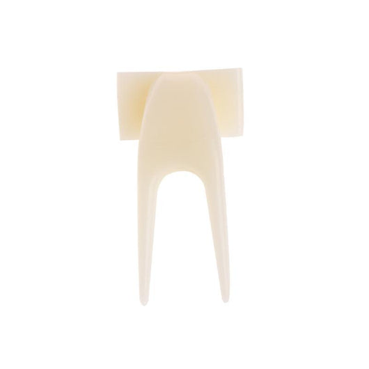 White plastic bird fruit fork clipped onto blue birdcage bars, designed to hold fruit or vegetables for pet birds. - Image 3