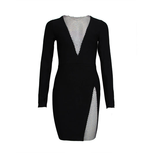Vestido Largo Elegante de Manga Larga con Diseño de Diamantes en Red - Image 10