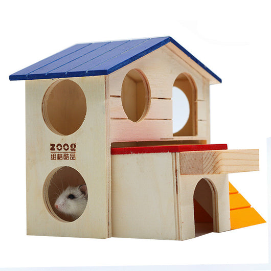 Wooden hamster house with a blue roof, orange ramp, and red platform, featuring a small hamster peeking out. - Image 2