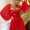 Vestido Rojo de Gasa con Mangas Farol y Bajo Suelto