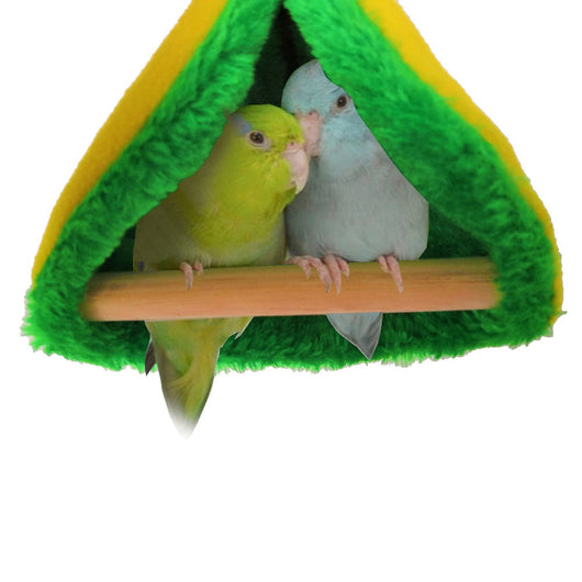 Colorful blue and pink fleece bird hammock nest with a small bird peeking out, hanging by metal clips. - Image 3