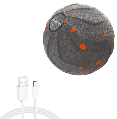 Black textured pet toy ball with blue accents and 'PetZynergy' logo, shown with a white USB-A to USB-C charging cable. - Image 4