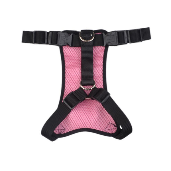 Red and black mesh pet harness with adjustable straps and metal D-rings for dog walking or car travel.