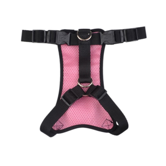 Red and black mesh pet harness with adjustable straps and metal D-rings for dog walking or car travel.