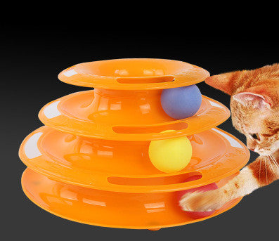 Pink four-layer cat turntable toy with colorful balls on each track, measuring 16cm high and 29cm wide. - Image 3