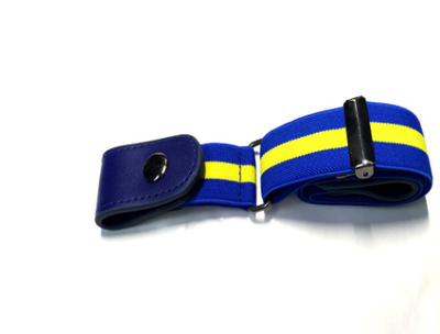 Red, white, and blue striped elastic stretch belt with brown leather-look ends and a silver-tone double buckle. - Image 8