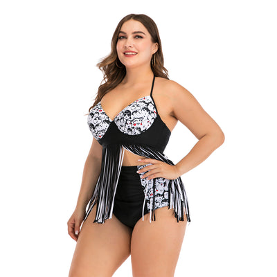 Plus size black and white two-piece swimsuit with cartoon face print, halter top, and high-waisted fringe bottoms. - Image 11