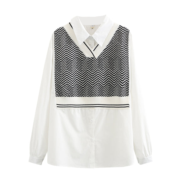 Blusa Suelta Talla Grande con Efecto Dos Piezas y Mangas Largas para Trabajo