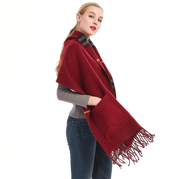 Plaid Imitation Cashmere Scarf with Pockets and Fringes