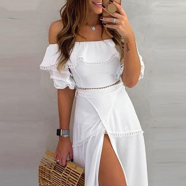 Vestido Elegante Hombros Descubiertos con Volantes - Image 5